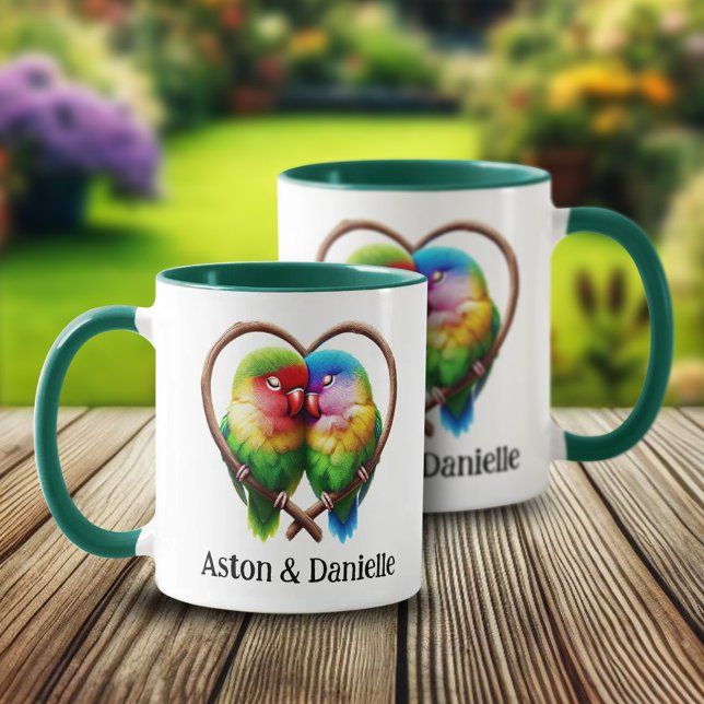 Mug Cute Lovebirds se mêlant dans une toux en forme de (Lovebirds in Heart-Shaped Branch 2 Two-Tone Mugs Cover Photo)