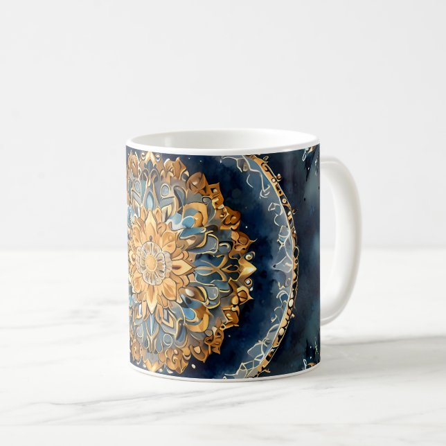 Mug Cute Mandala Design en bleu avec or et argent (Devant droit)