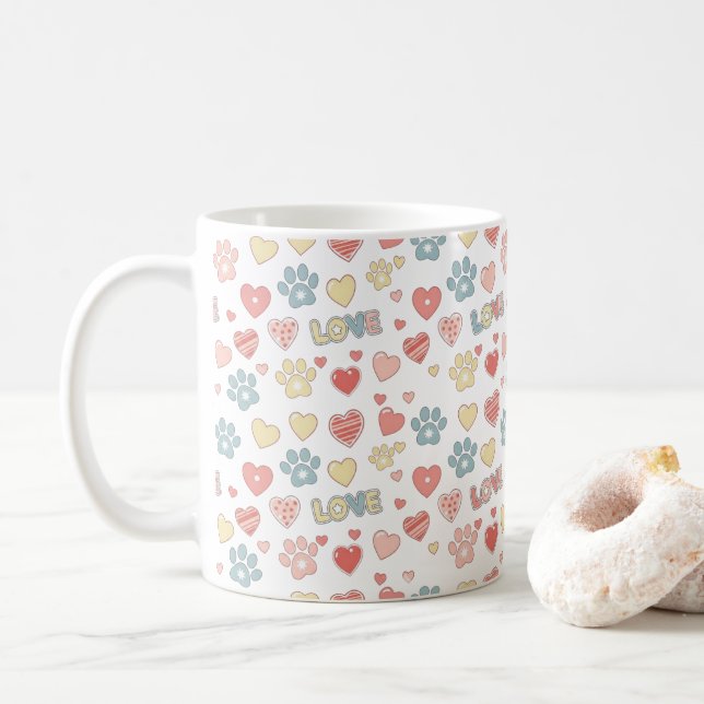 Mug Cute Pastel Paw Prints and Hearts "LOVE" Pattern  (Avec donut)