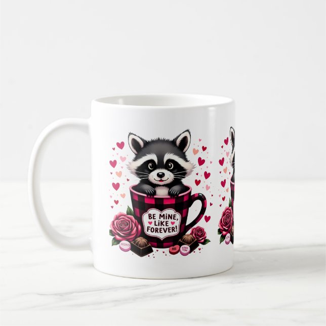 Mug Cute Raccoon Valentine Buffalo Plaid (Gauche)