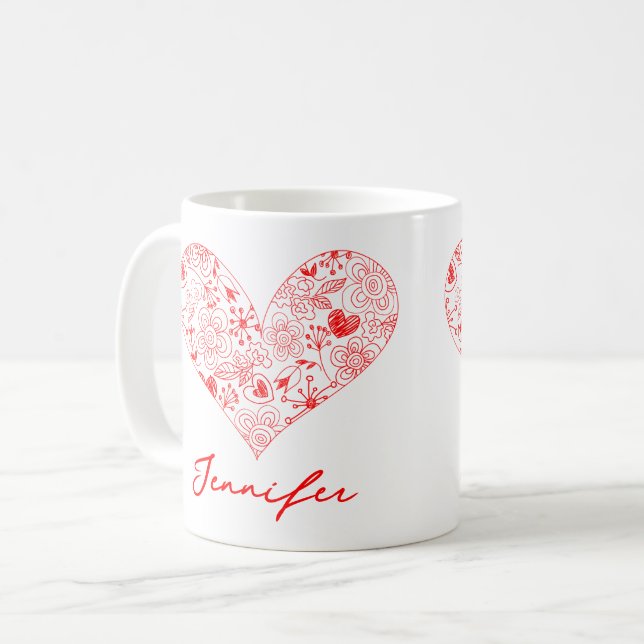 Mug Cute Red Valentine's Day Floral Heart Nom personna (Devant gauche)