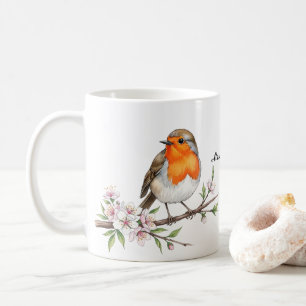 Mug Cute Robin Bird sur Floral Branch Nom personnalisé