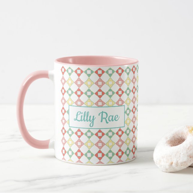 Mug Cute rose et bleu Abstrait Motif géométrique fille (Avec donut)