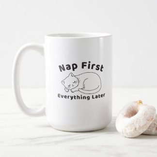 Mug Cute Sleepy Cat “Nap First” Line Art Design