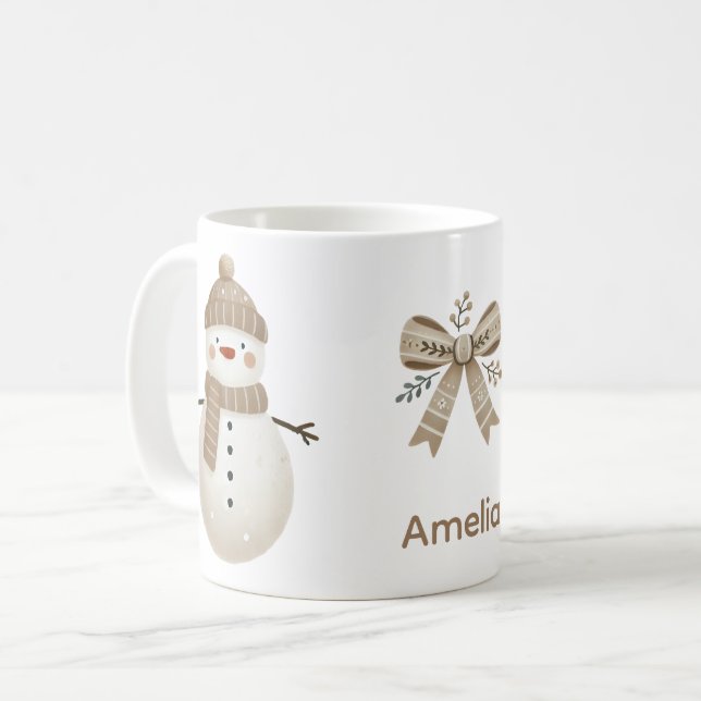 Mug Cute Snowman Bow Drawing Name Christmas (Devant gauche)