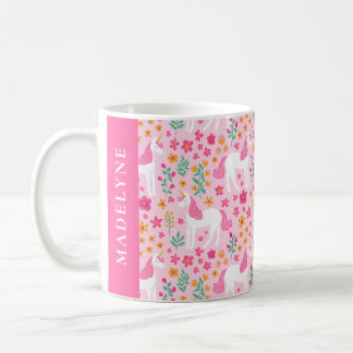 Mug Cute Unicorn motif floral rose Nom personnalisé