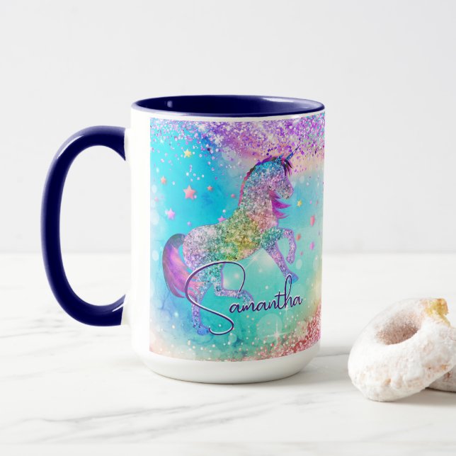 Mug Cute unicorn rose Parties scintillant arc-en-ciel  (Avec donut)