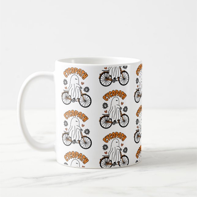 Mug Cycopath Halloween fantôme sur un vélo orange (Gauche)
