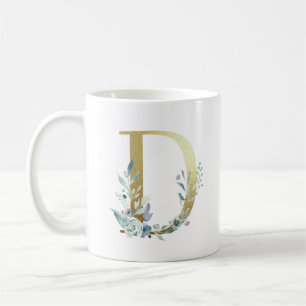 Mug D initial en or avec feuillage floral bleu
