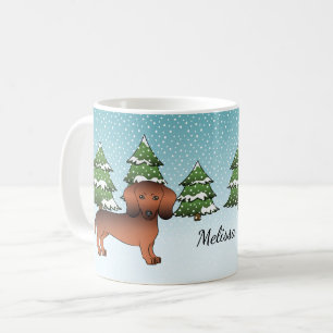 Mug Dachshund à poil court rouge sablé dans une forêt 