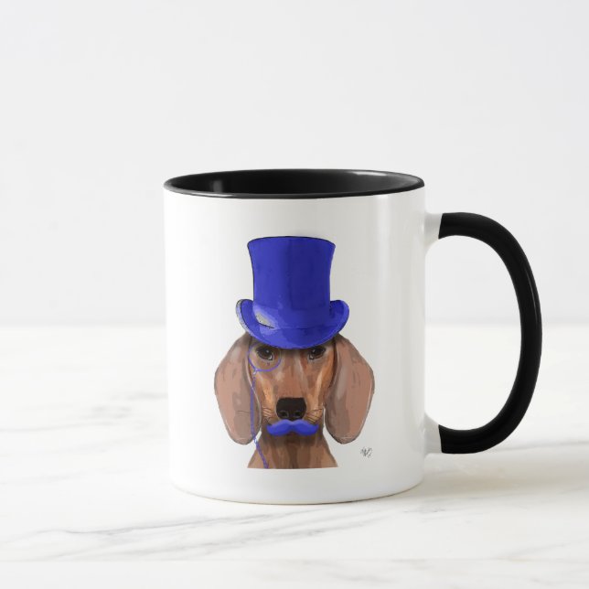 Mug Dachshund avec chapeau bleu et moustache bleue (Droite)