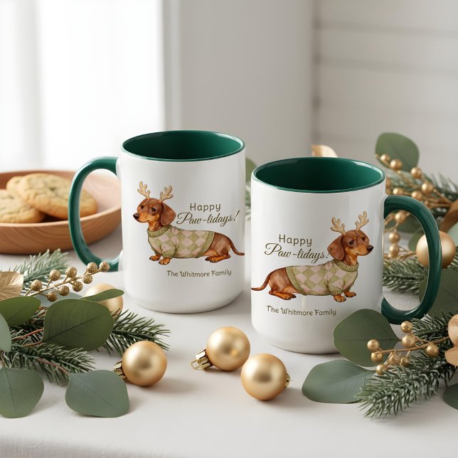 Mug Dachshund Dog Antlers Christmas Checkered Sweater  (Dachshund Dog Antlers Christmas Checkered Sweater Mug)