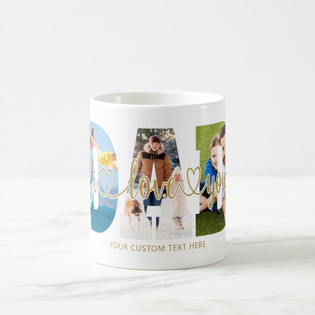 Mug DAD I Love You 5 Photo Collage Script Hearts Gold (Centre)