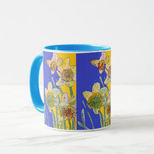 Mug Daffodil Peinture Aquarelle Jaune Bleu floral Mu
