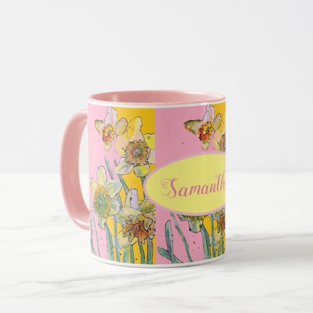 Mug Daffodil Peinture Aquarelle Jaune Rose floral (Devant gauche)