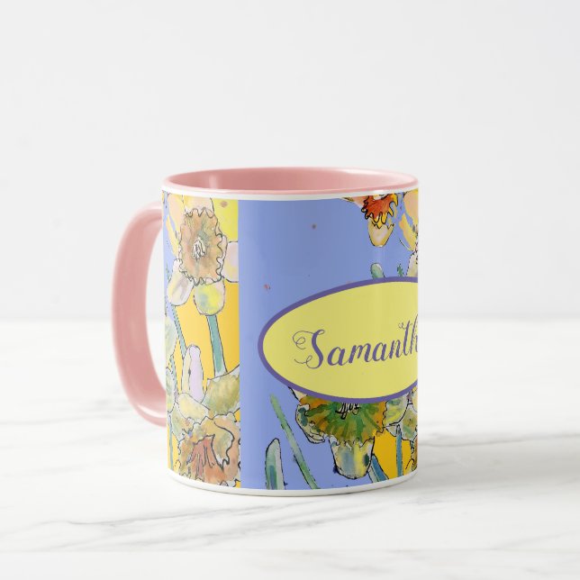 Mug Daffodil Peinture Aquarelle Jaune Violet fleuri (Devant gauche)