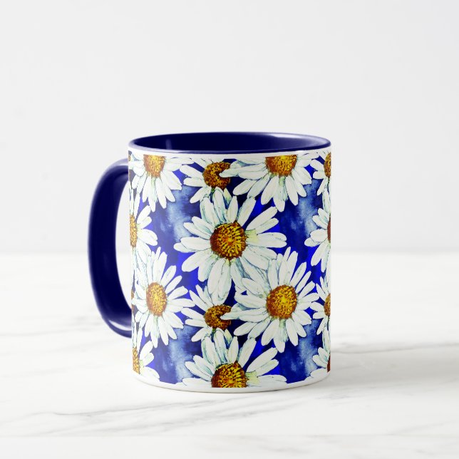 Mug Daises aquarelles sur fond bleu denim (Devant gauche)