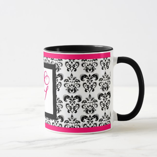 Mug DAMASK MONOGRAM, rose Fuchsia noir blanc floral (Droite)