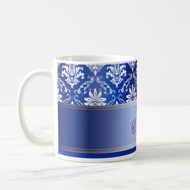 Mug Damassé bleue et blanche de monogramme (Gauche)