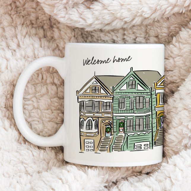 Mug Dames peintes San Francisco Accueil Accueil (Hand-drawn coffee mug featuring an illustration of the Painted Ladies in Alamo Square, San Francisco)