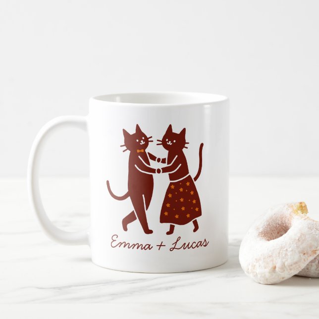 Mug Dancing Cat Couple, Cute Wedding custom name (Avec donut)