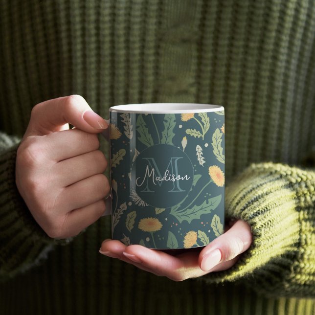 Mug Dandelion Floral Weed Motif (Dandelion Pattern Mug with Custom Monogram)