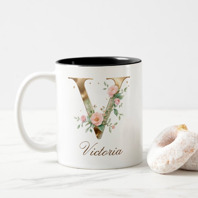 Mug de café à deux tons avec initiale florale en o (Avec donut)
