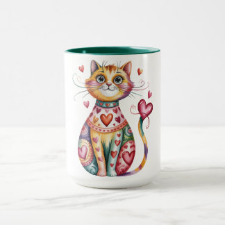 Mug de café coloré avec design de chat et de cœurs