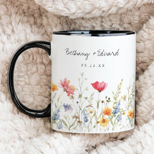 Mug de café de mariage à fleur sauvage aquarelle