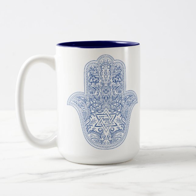Mug de café Hamsa - Bleu & Blanc - Cadeaux Judaïqu (Gauche)