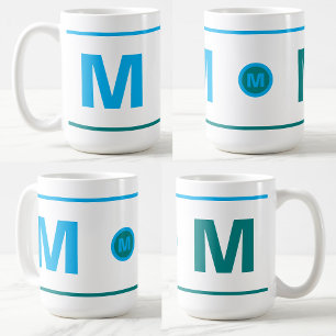 Mug de café initial monogrammé moderne (bleu, Turq