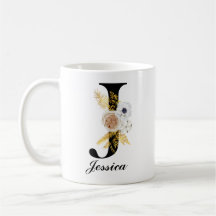 Mug de café monogramme - Floral noir initial J