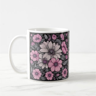 Mug de fleurs roses, noires et blanches
