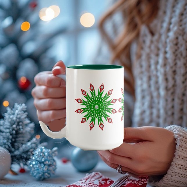 Mug de la fête des flocons de neige de Noël vert p (Personalized Kid's Green Christmas Snowflakes Fun Two-Tone Coffee Mug)