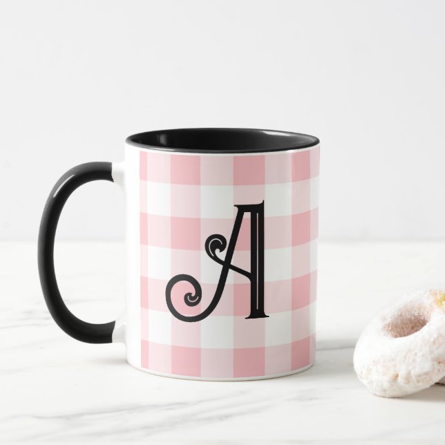 Mug de monogramme personnalisé rose et noir (Avec donut)