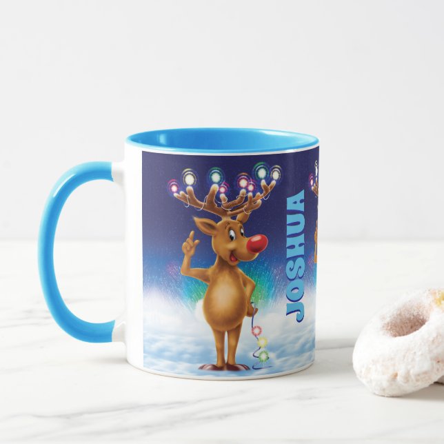 Mug de Noël personnalisé, Rudolph et lumières. (Avec donut)