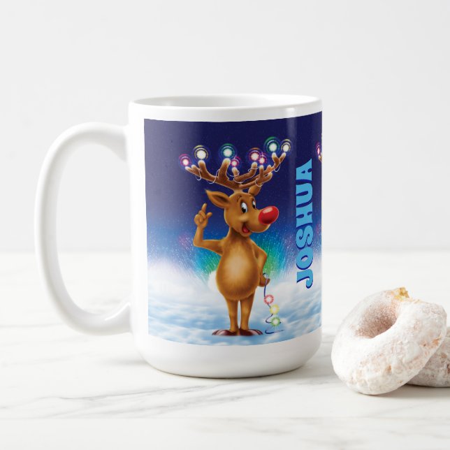 Mug de Noël personnalisé, Rudolph et lumières. Caf (Avec donut)