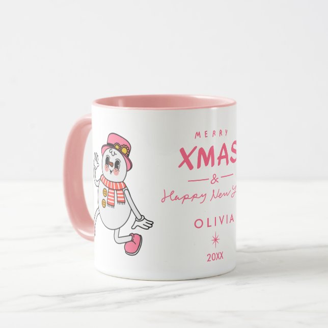 Mug de Noël personnalisé | Snowman rose mou (Devant gauche)