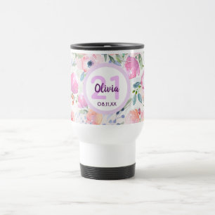 Mug De Voyage 21e anniversaire fleurs roses nom pourpre