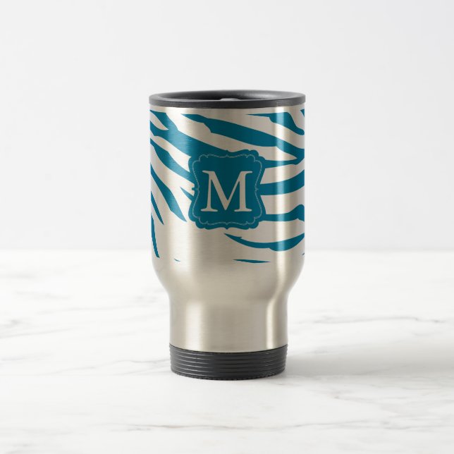 Mug De Voyage Aqua Blue Zebra Imprimer Monogramme (Centre)