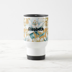 Mug De Voyage Aquarelle botanique bleu blanc lily floral