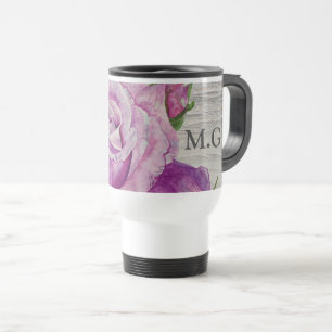 Mug De Voyage Aquarelle rustique violet Rose Monogramme bois