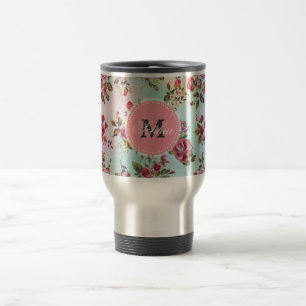 Mug De Voyage Beaux roses vintages girly à la mode de monogramme