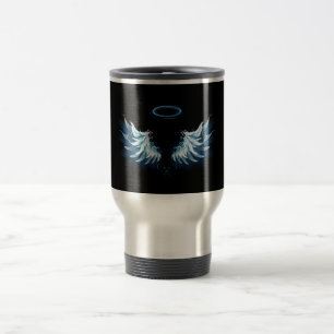 Mug De Voyage Blue Glowing Angel Wings on black background