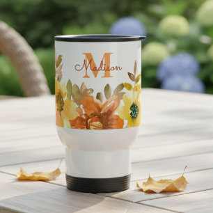Mug De Voyage Cadeau de monogramme floral orange Nom