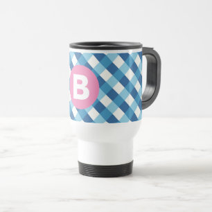 Mug De Voyage Carreaux Bleus et Blancs avec Monogramme Rose