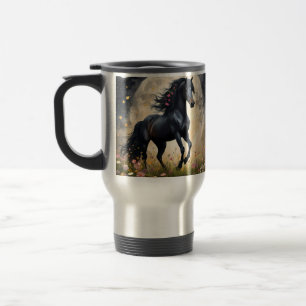 Mug De Voyage Champ de fleur de lune de cheval noir,