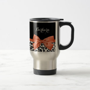 Mug De Voyage Chic Empreinte de léopard Brûlé Orange Bow, Nom