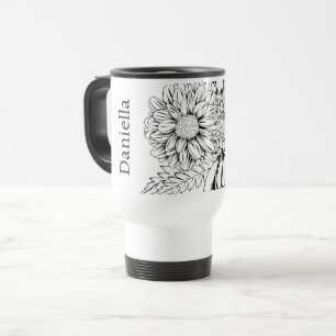 Mug De Voyage Chrysanthème Dessin à la ligne noire avec votre no
