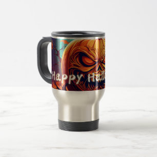 Mug De Voyage Citrouille orange effrayante avec visage, Hallowee